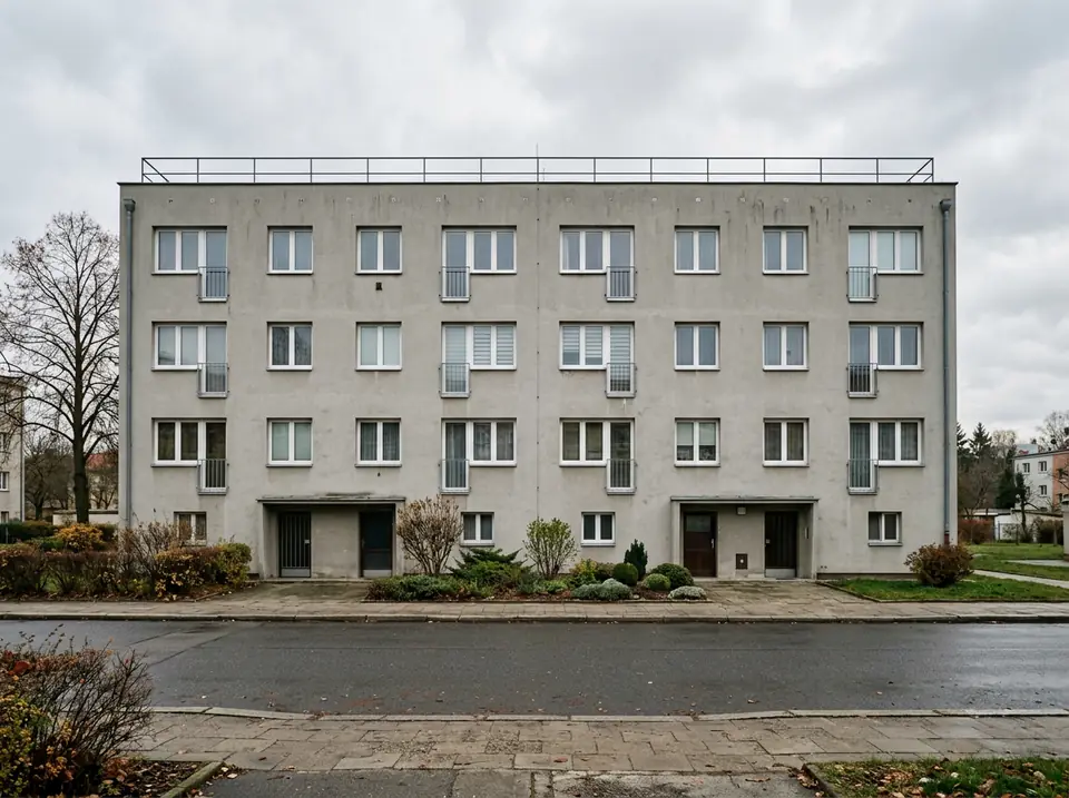 Többszintes társasház utcai nézete, tetőszegély korláttal